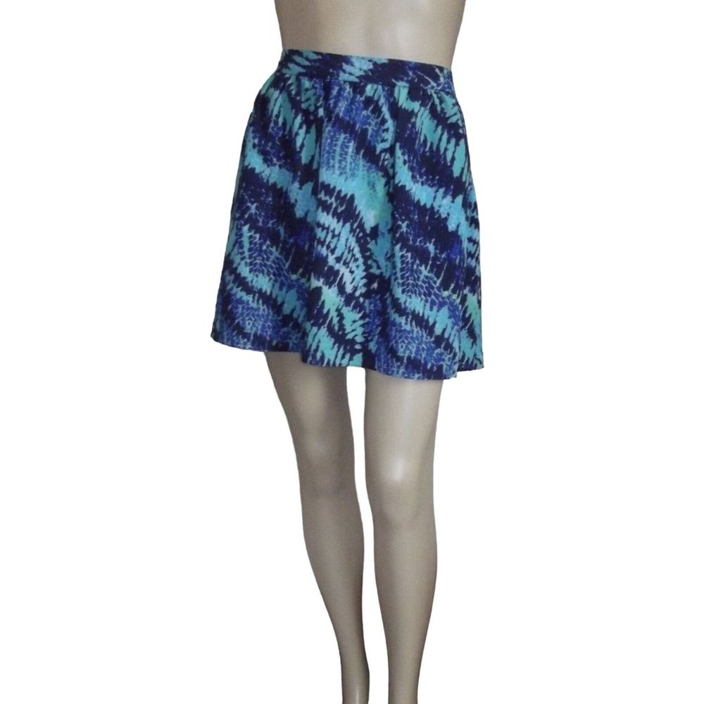 Express 10 High Waist Blue Green Teal Navy Watercolor Print Full Mini Skirt m